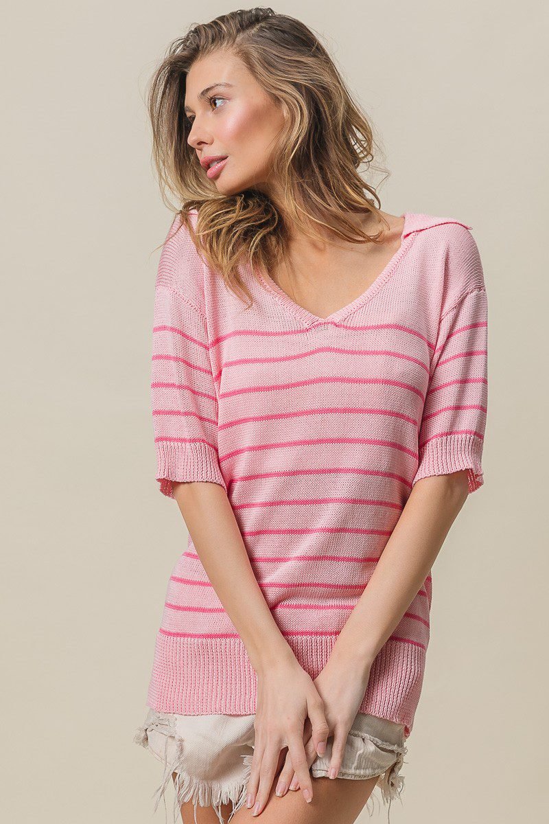 Pink Stripe Short Sleeve Collared V-Neck Top