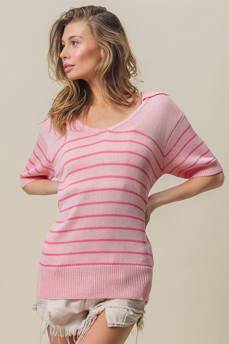 Pink Stripe Short Sleeve Collared V-Neck Top