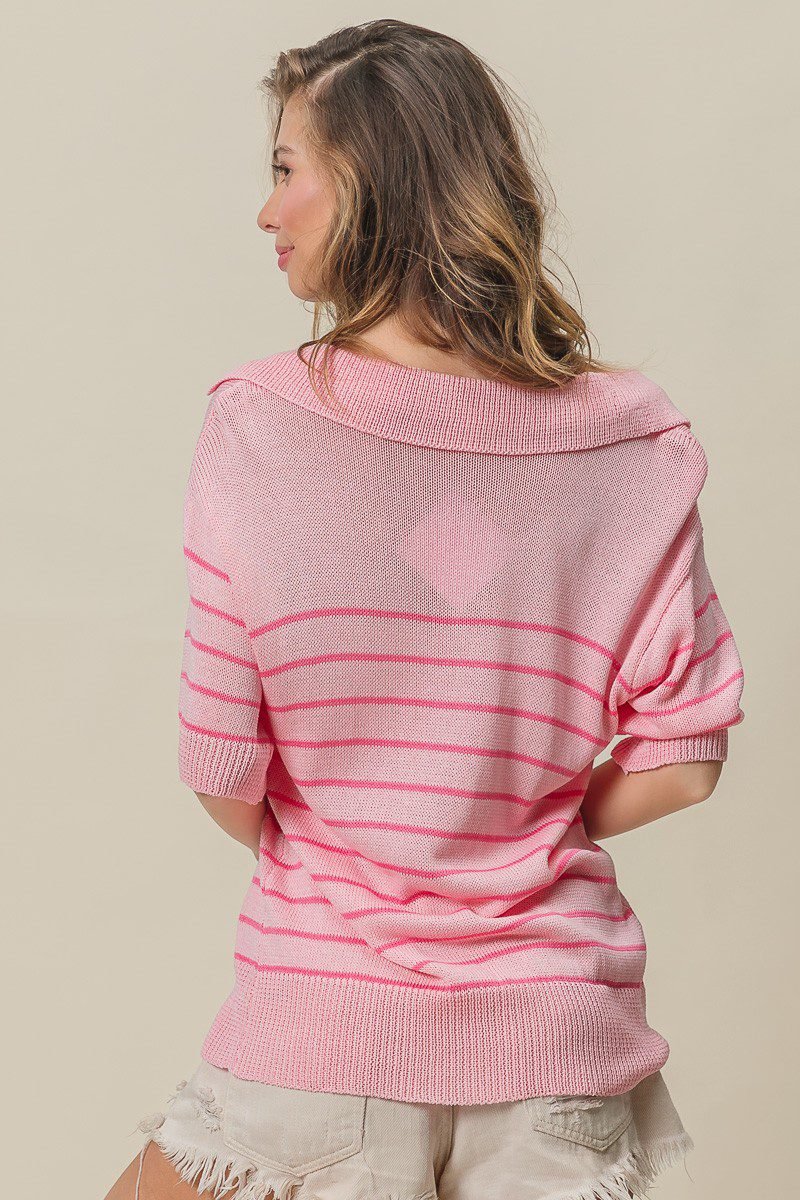 Pink Stripe Short Sleeve Collared V-Neck Top