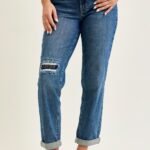 Mid Rise Boyfriend Jeans with Embroidered Repair Patches - MD