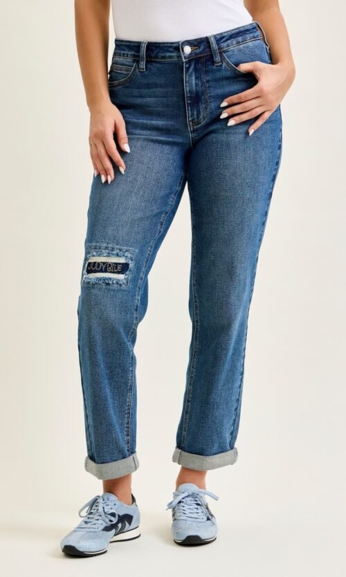 Mid Rise Boyfriend Jeans with Embroidered Repair Patches