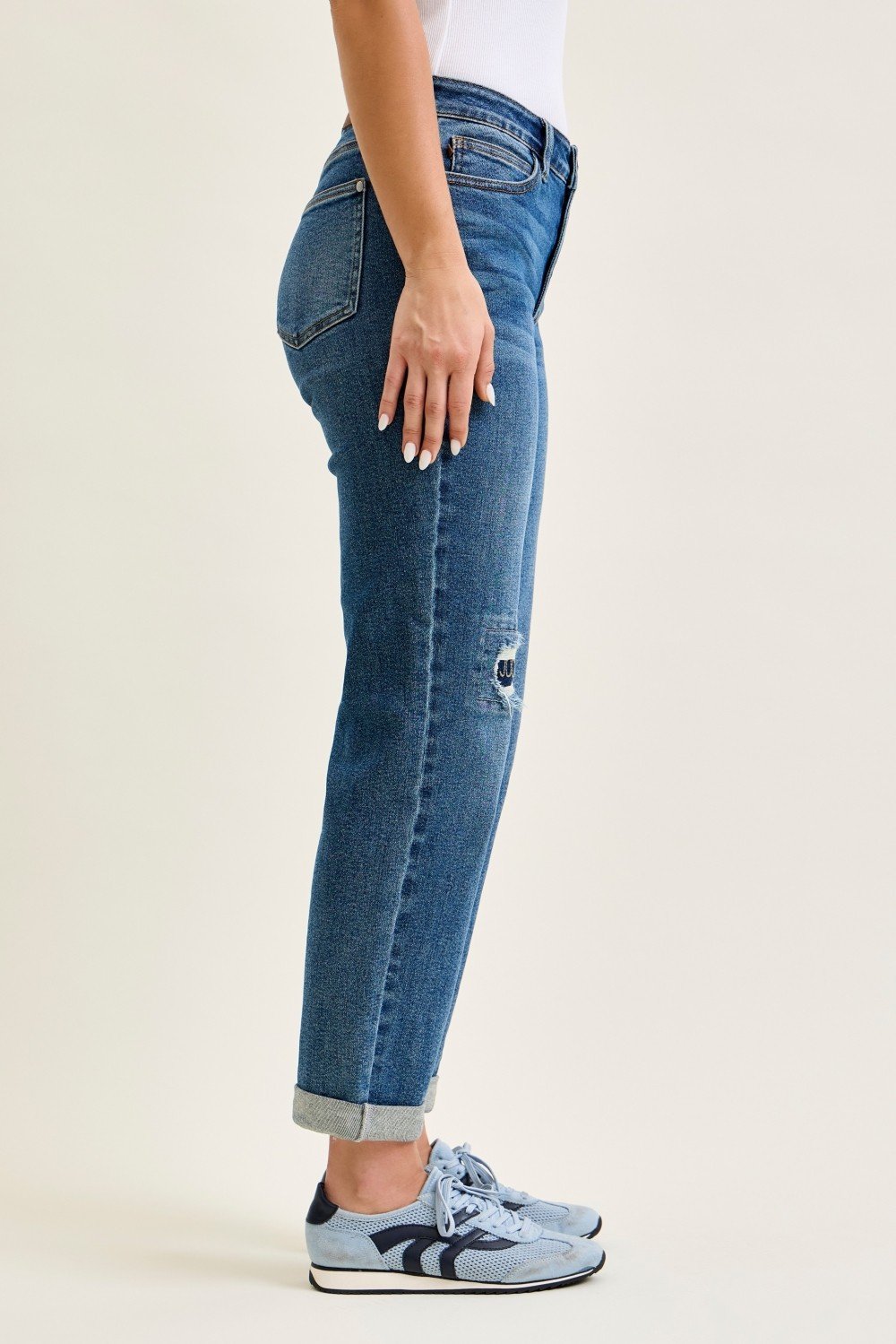 Mid Rise Boyfriend Jeans with Embroidered Repair Patches - Image 5