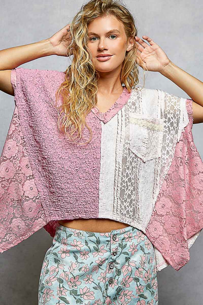 Asymmetrical V-Neck Short Sleeve Lace Top