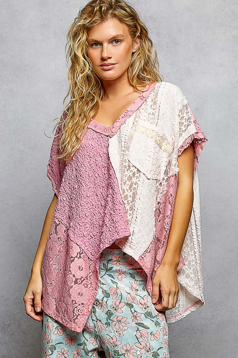 Asymmetrical V-Neck Short Sleeve Lace Top