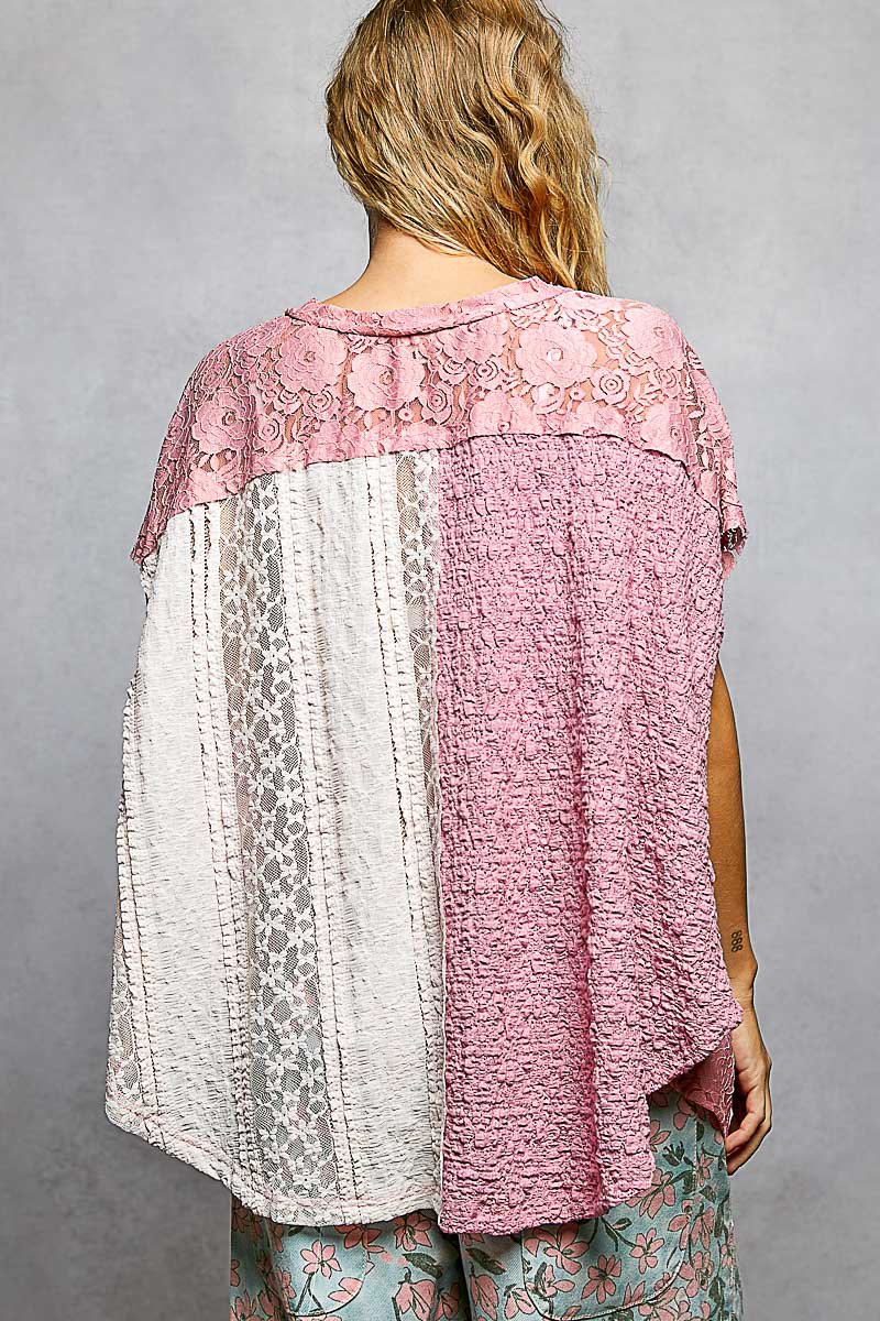 Asymmetrical V-Neck Short Sleeve Lace Top