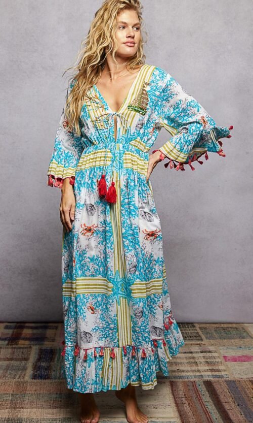 Cotton Bohemian Print Tassel Trim Maxi Dress (Ivory/Blue Multi)