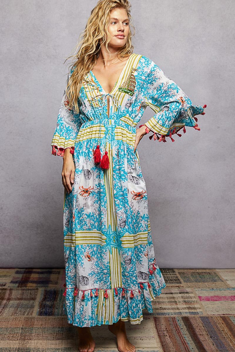 Cotton Bohemian Print Tassel Trim Maxi Dress (Ivory/Blue Multi)