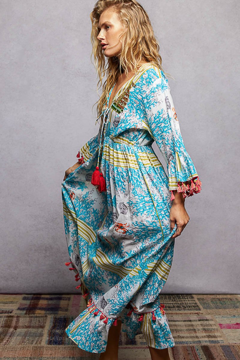 Cotton Bohemian Print Tassel Trim Maxi Dress (Ivory/Blue Multi)