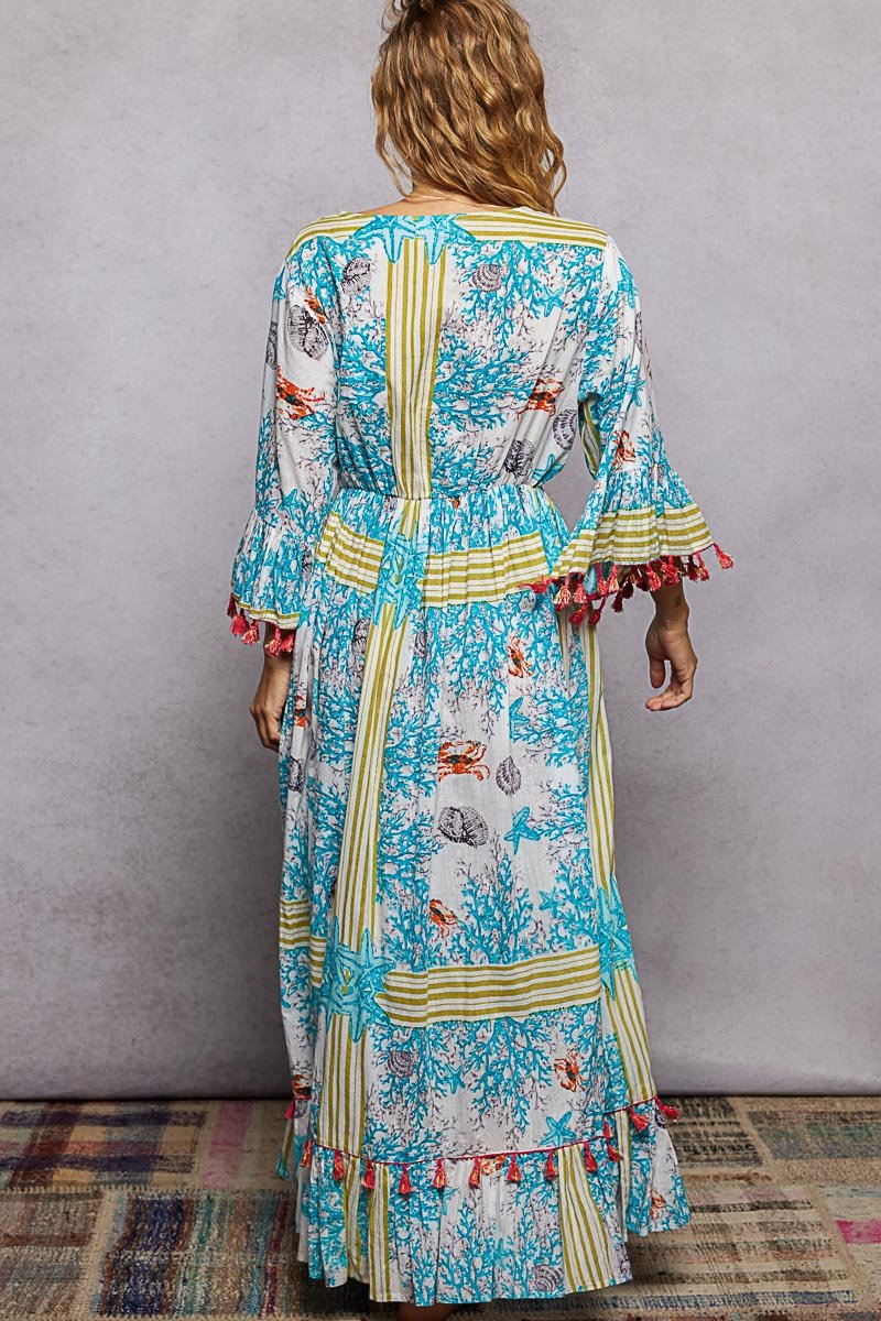 Cotton Bohemian Print Tassel Trim Maxi Dress (Ivory/Blue Multi)