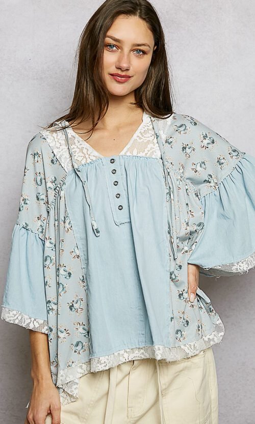 Denim Multi Double Gauze Floral Patch Blouse with Lace Detail