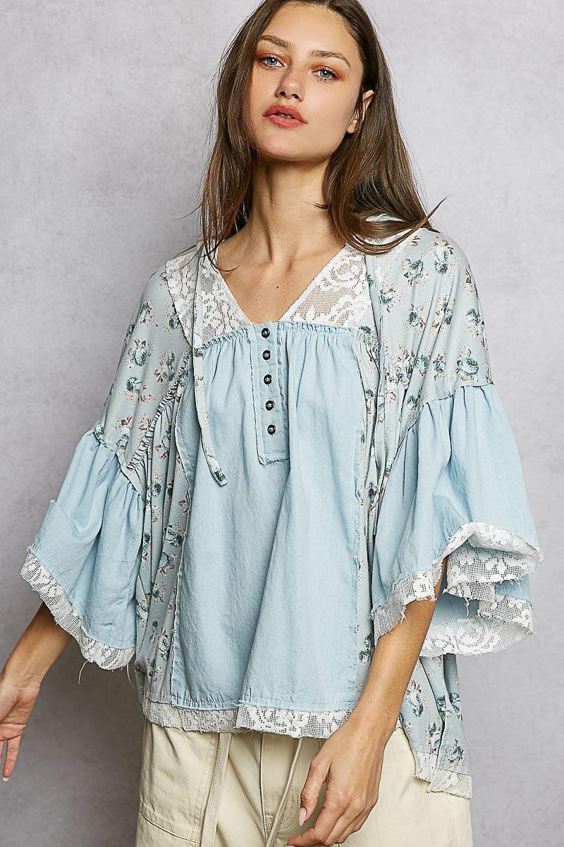 Denim Multi Double Gauze Floral Patch Blouse with Lace Detail