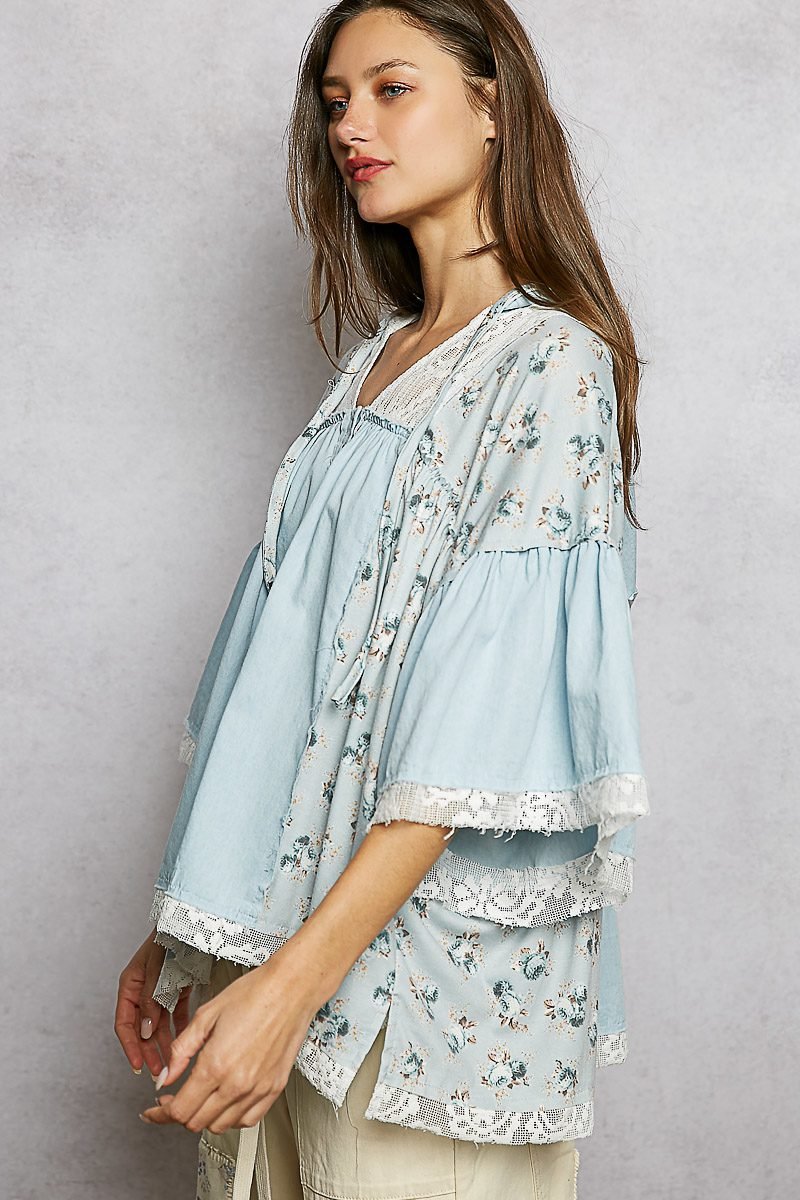 Denim Multi Double Gauze Floral Patch Blouse with Lace Detail