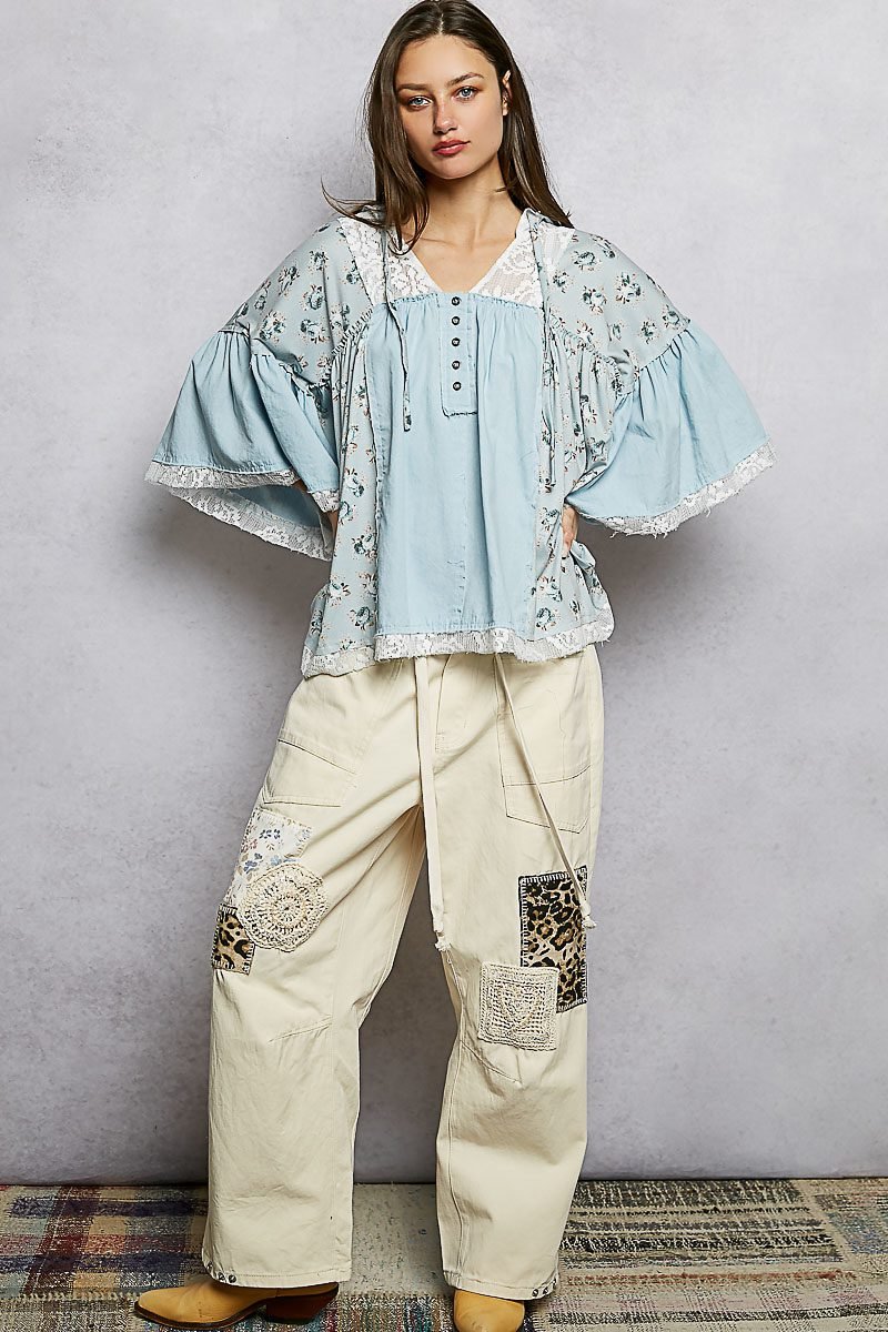 Denim Multi Double Gauze Floral Patch Blouse with Lace Detail