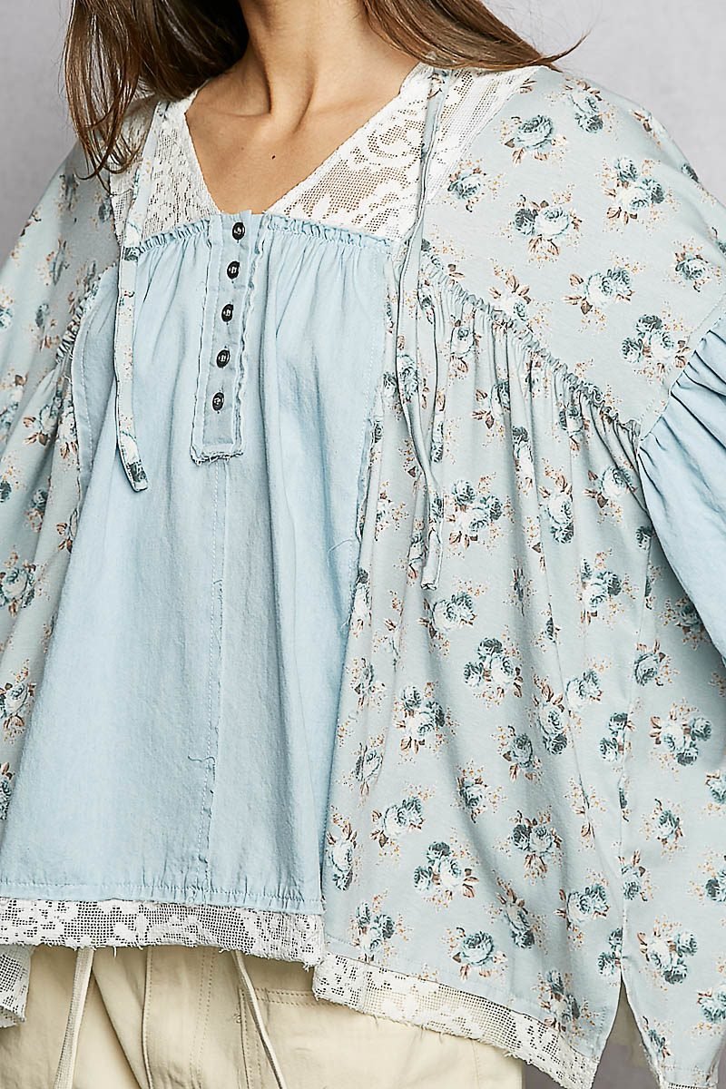 Denim Multi Double Gauze Floral Patch Blouse with Lace Detail