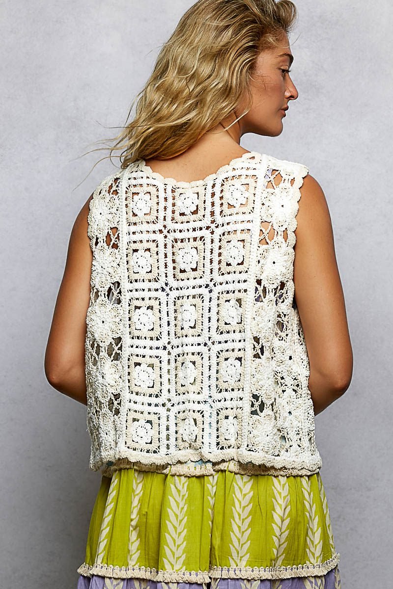 Tie Front Floral Pattern Crochet Vest with Scalloped Edge - Natural