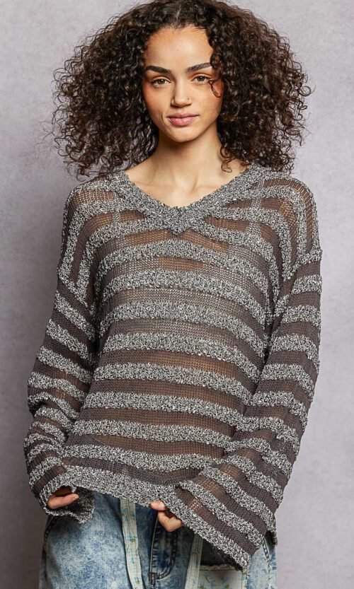 Stripe Pattern V-Neck Long Sleeve Knit Top in Black