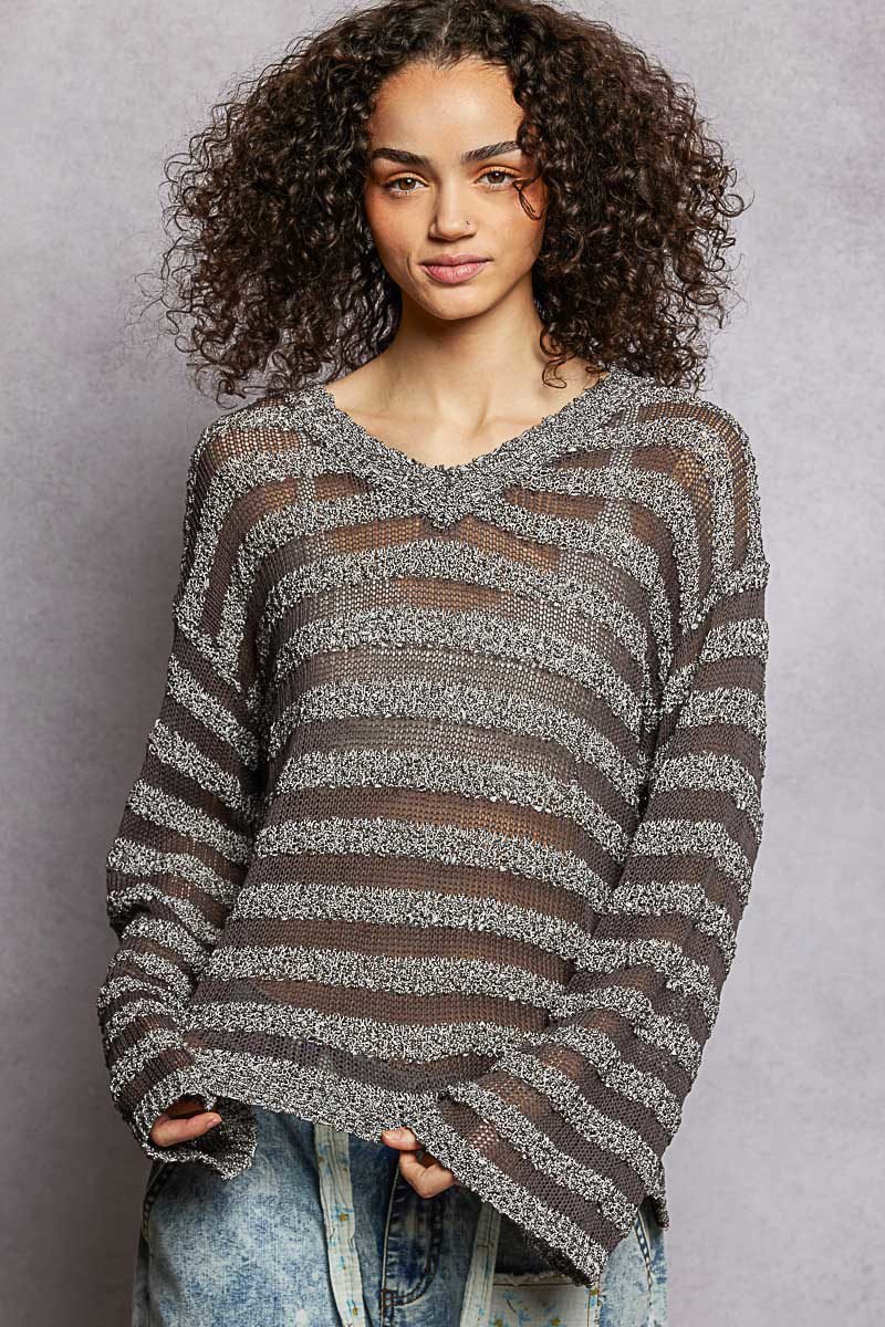 Stripe Pattern V-Neck Long Sleeve Knit Top in Black