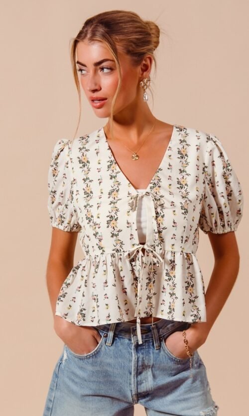 Floral Print Tie Front Shirred Hem Blouse