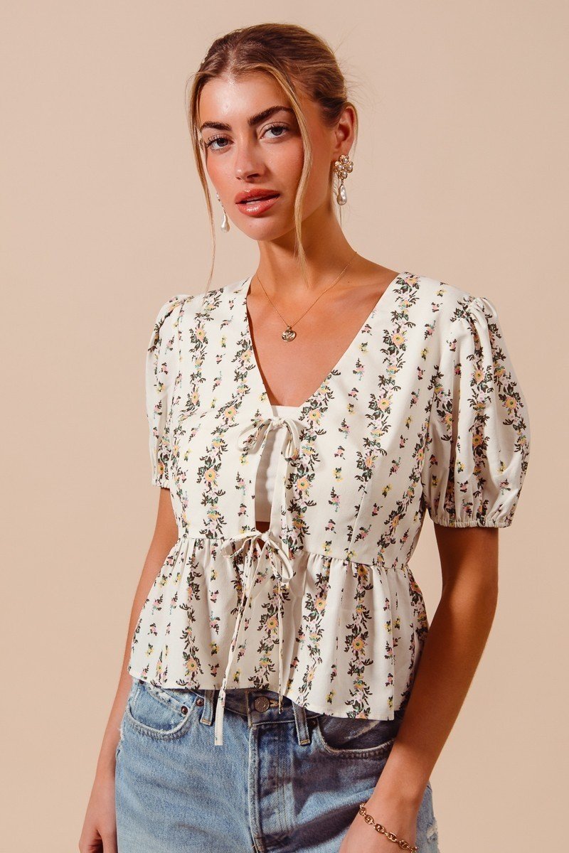 Floral Print Tie Front Shirred Hem Blouse