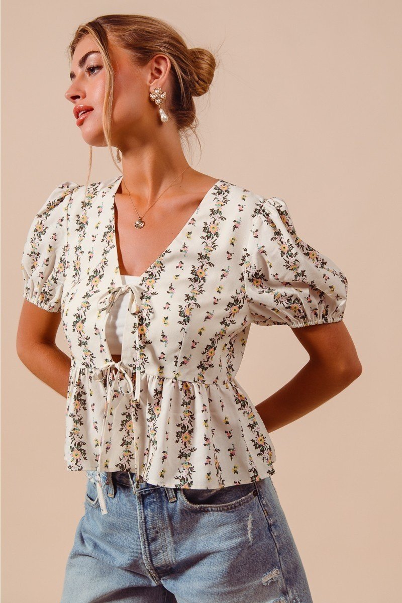 Floral Print Tie Front Shirred Hem Blouse