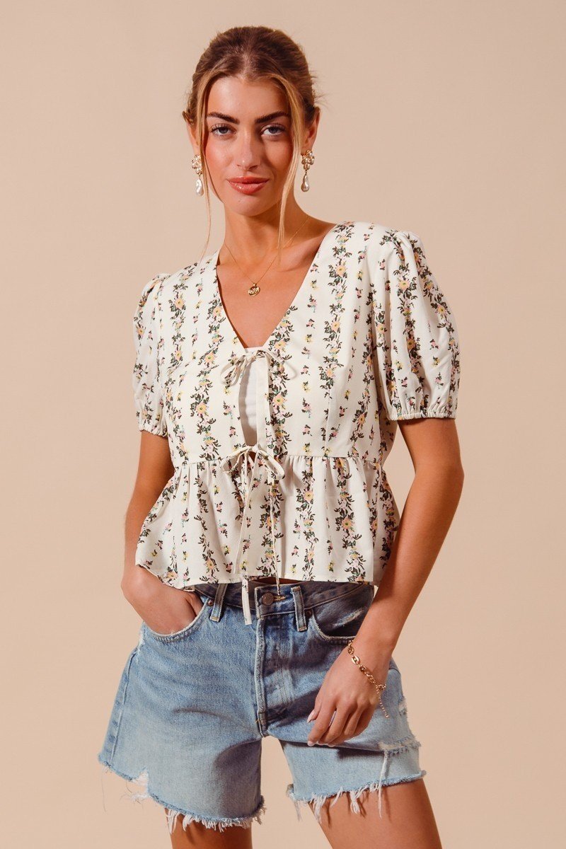 Floral Print Tie Front Shirred Hem Blouse