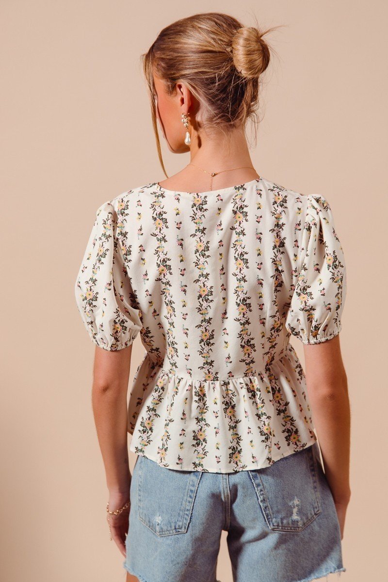Floral Print Tie Front Shirred Hem Blouse