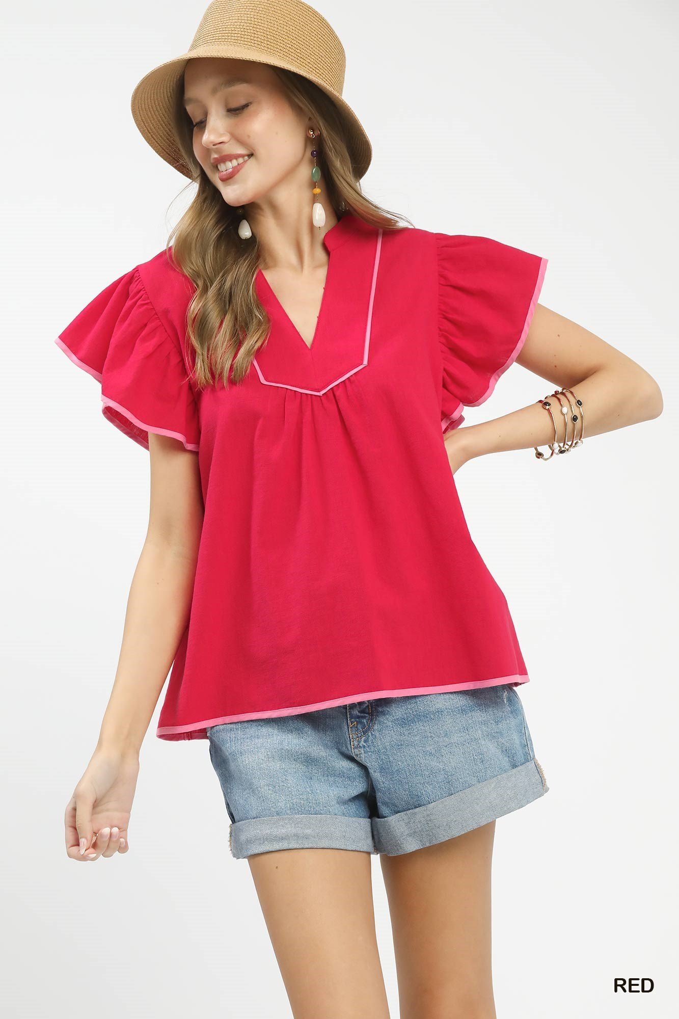 Contrast Trim Babydoll Blouse