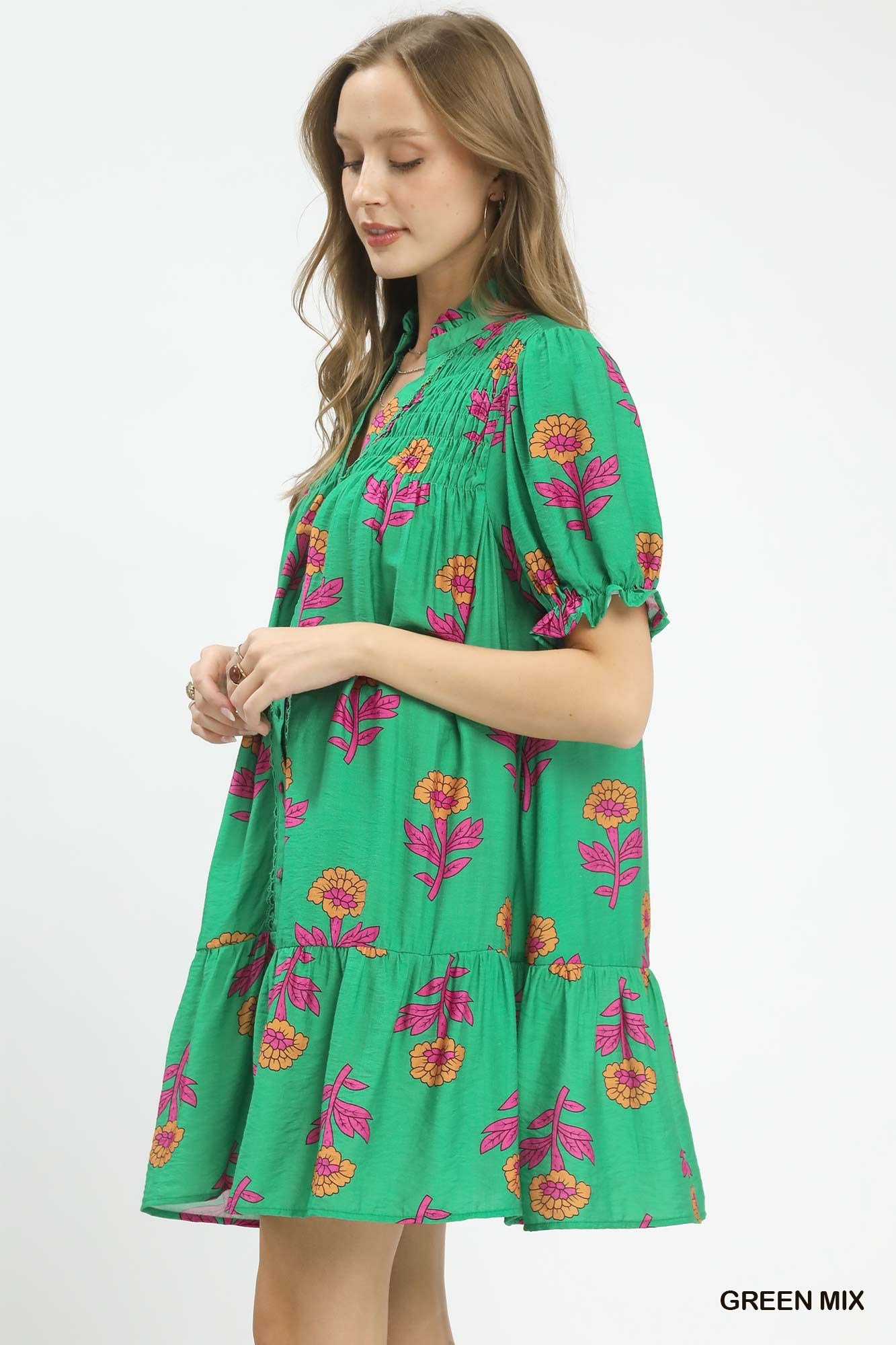 Green Mix Floral Button Front Babydoll Dress