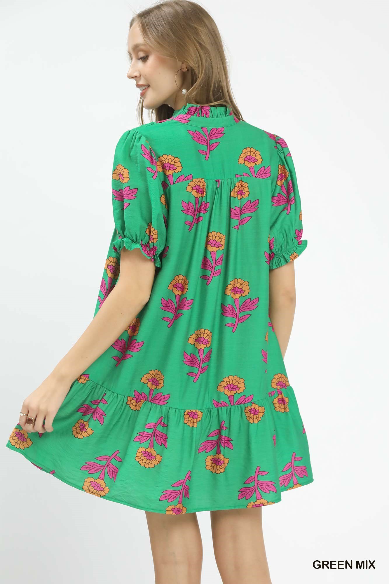 Green Mix Floral Button Front Babydoll Dress