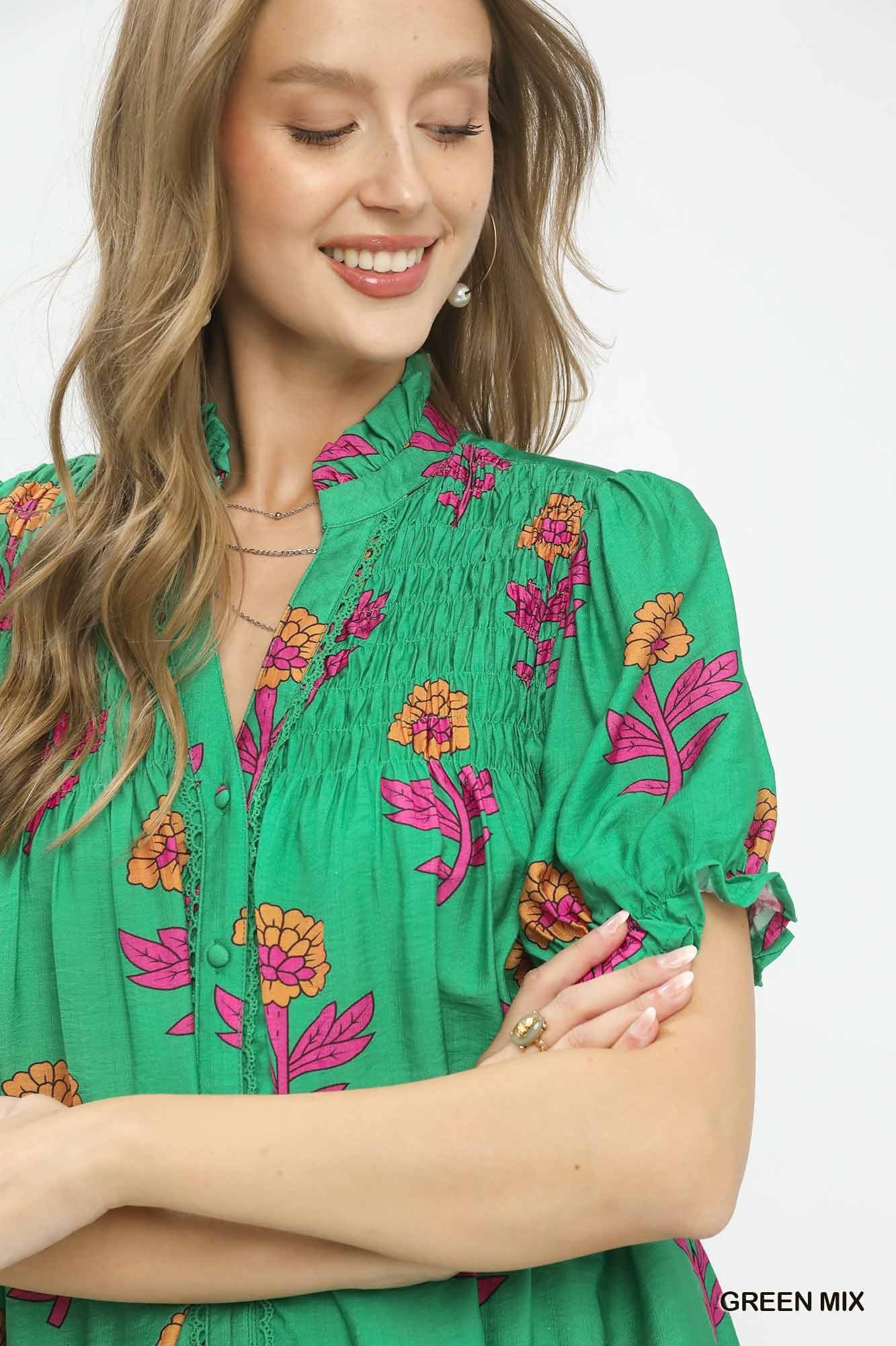 Green Mix Floral Button Front Babydoll Dress