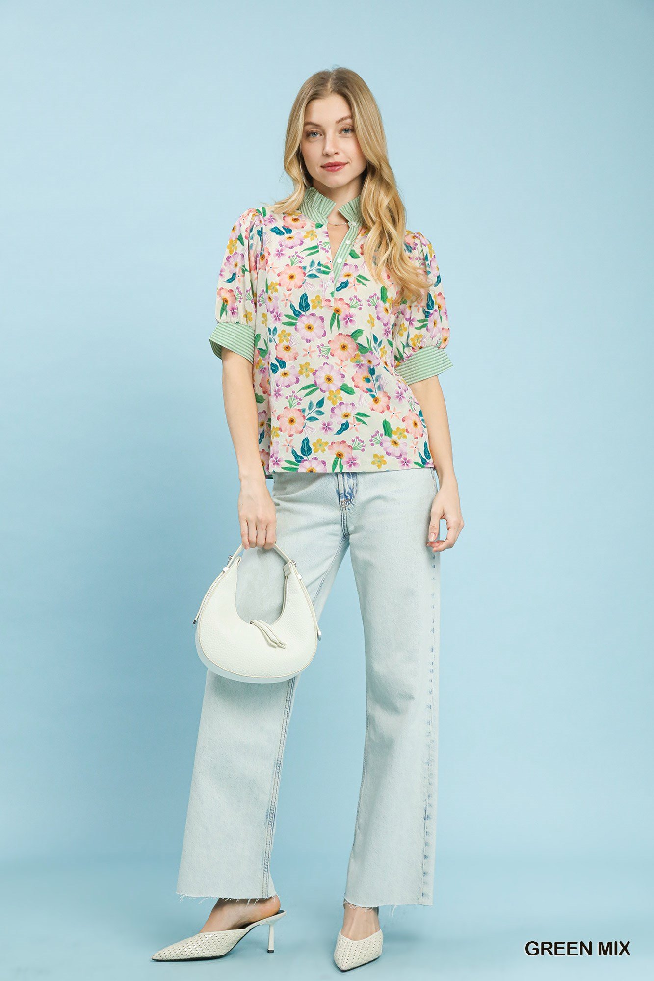 Green Mix Floral Jacquard Ruffle Button Front Top