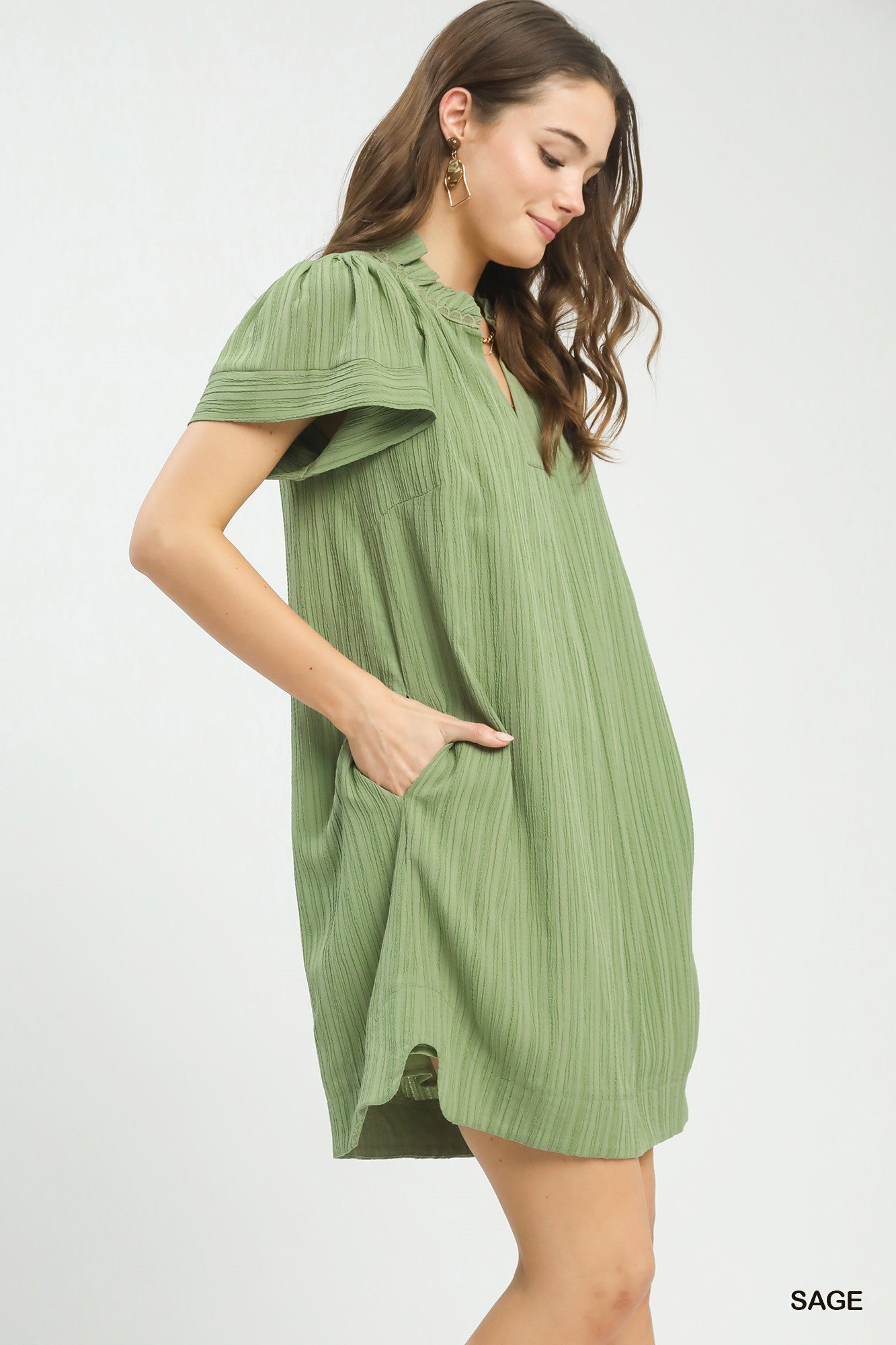 Flutter Sleeve V-Neck Shift Dress