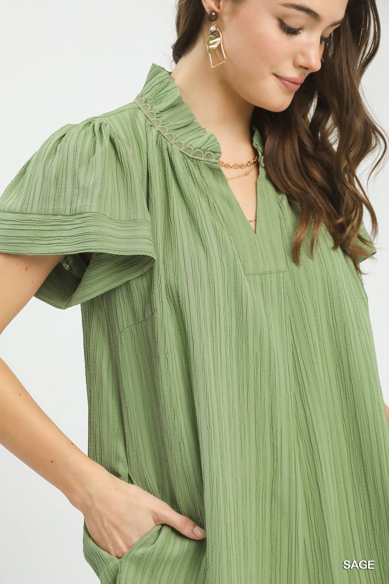 Flutter Sleeve V-Neck Shift Dress