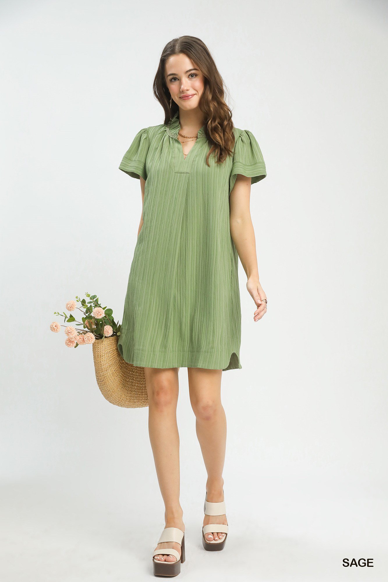Flutter Sleeve V-Neck Shift Dress