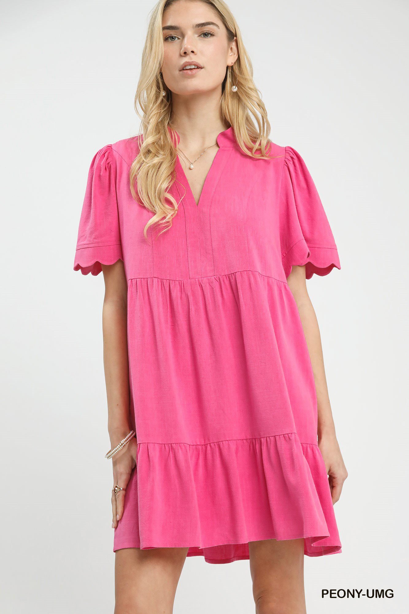 Linen Blend Tiered Babydoll Dress with Scalloped Sleeves