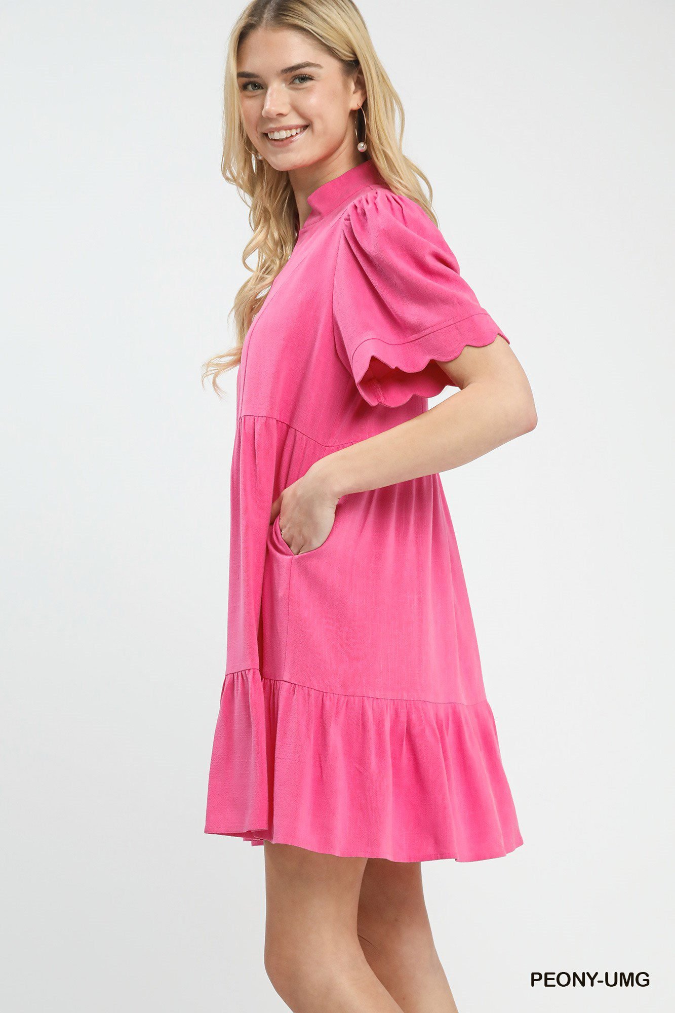 Linen Blend Tiered Babydoll Dress with Scalloped Sleeves