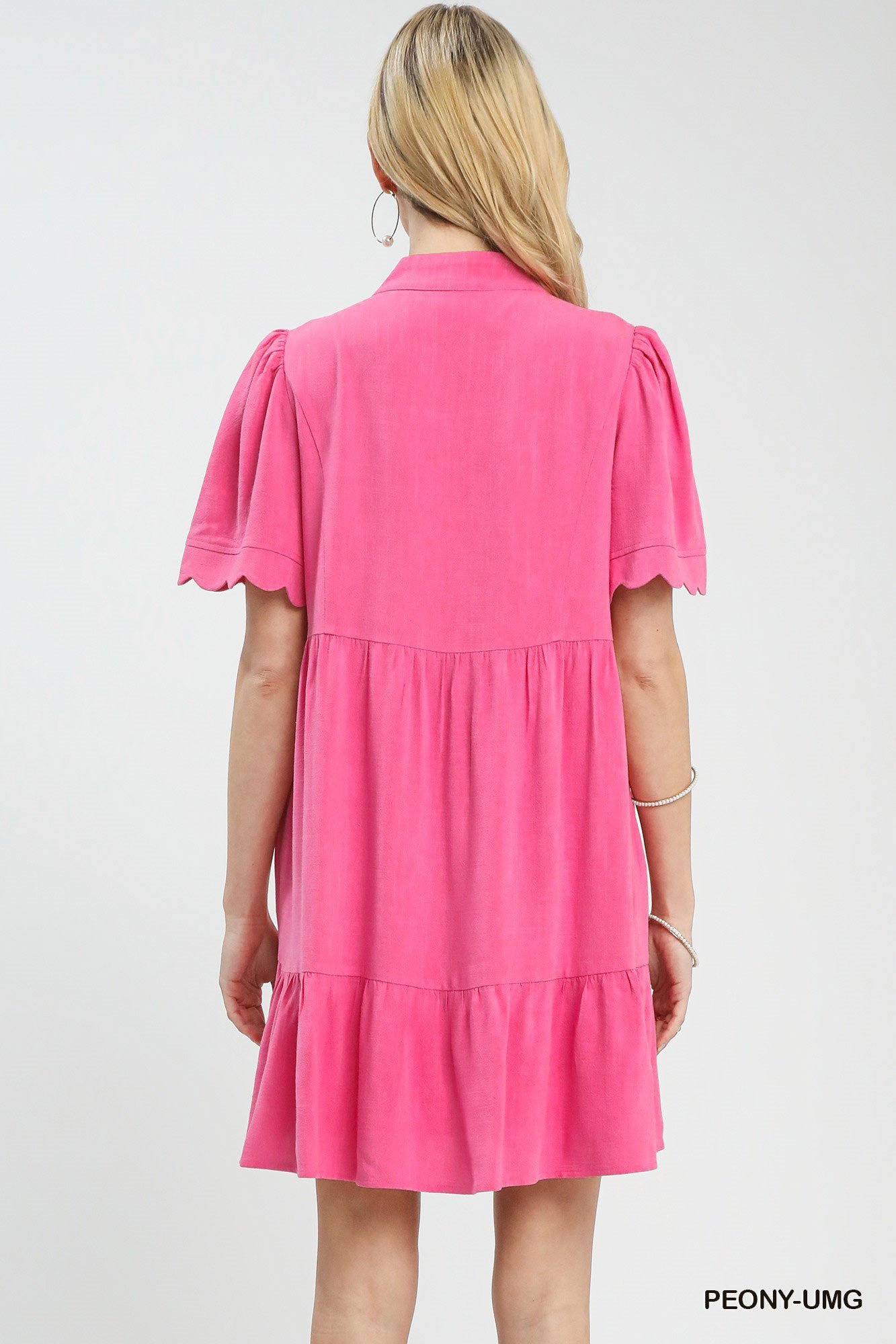 Linen Blend Tiered Babydoll Dress with Scalloped Sleeves