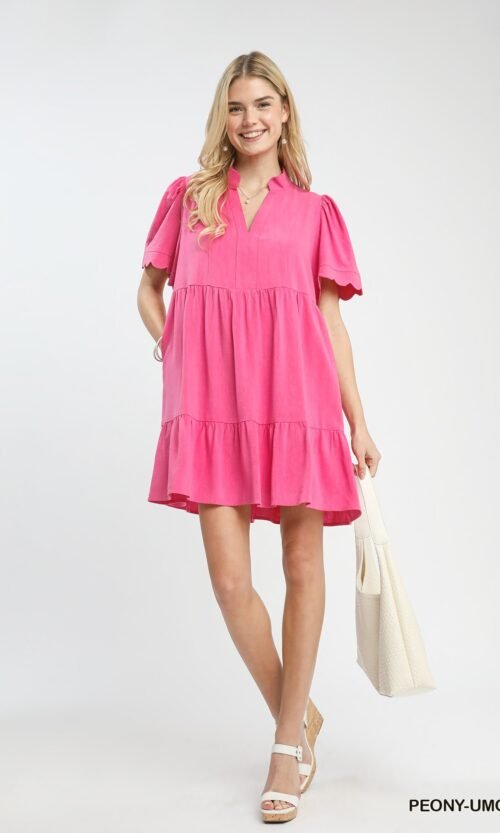 Linen Blend Tiered Babydoll Dress with Scalloped Sleeves