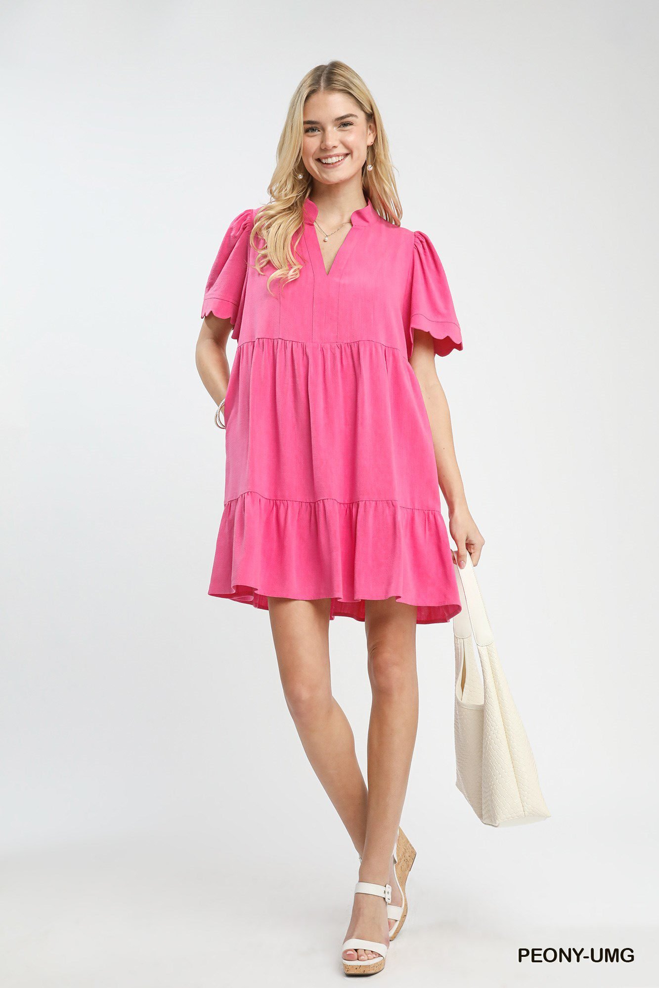 Linen Blend Tiered Babydoll Dress with Scalloped Sleeves