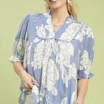 Peony Illustration Print Top with Scalloped Trim - PERIWINKLE