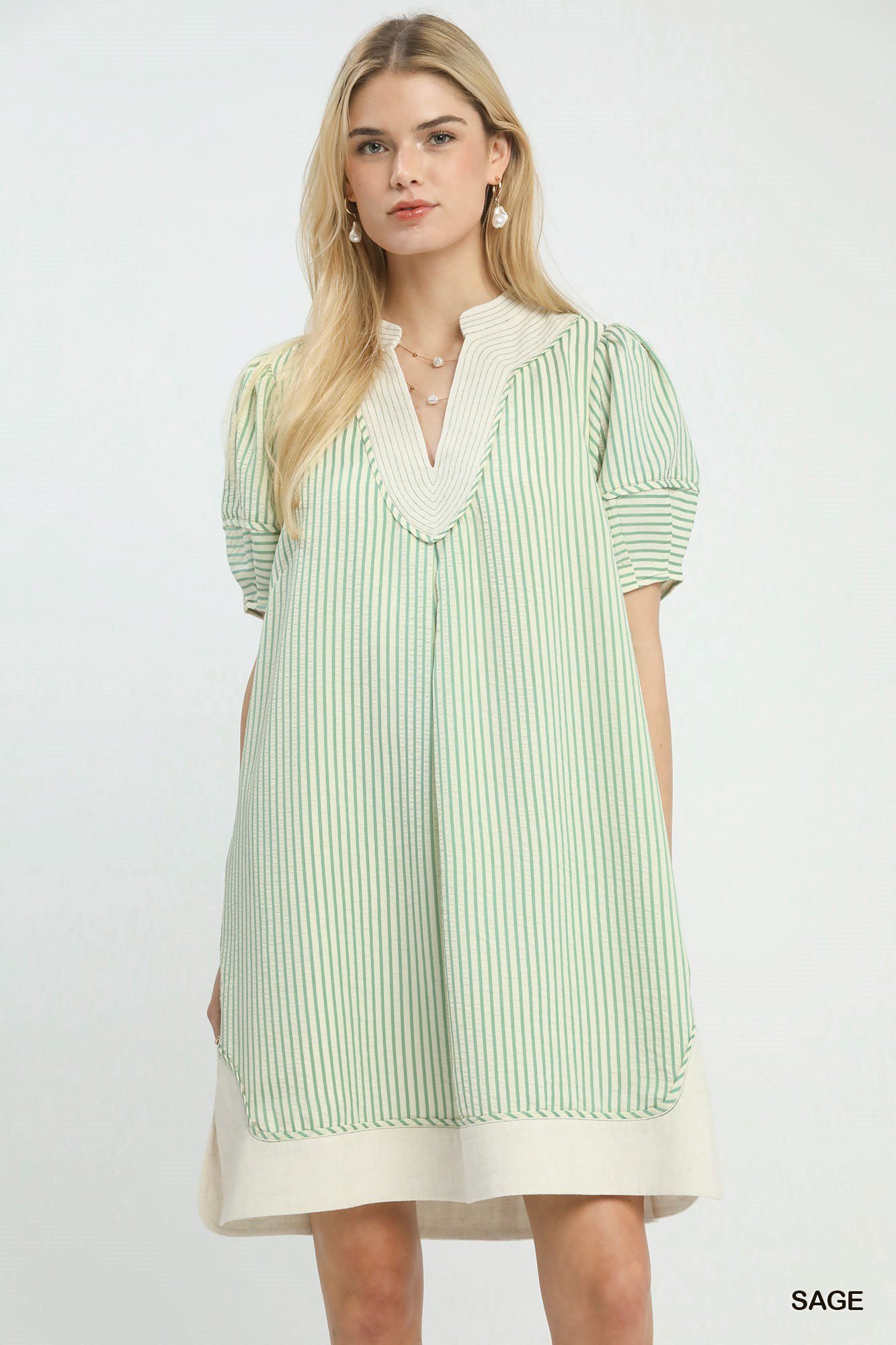 Sage Pinstripe Shift Dress with Contrast Trim