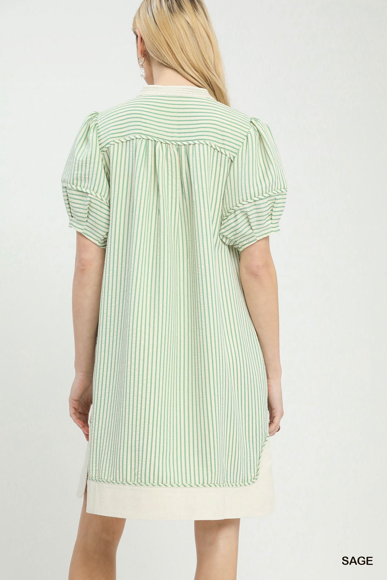 Sage Pinstripe Shift Dress with Contrast Trim