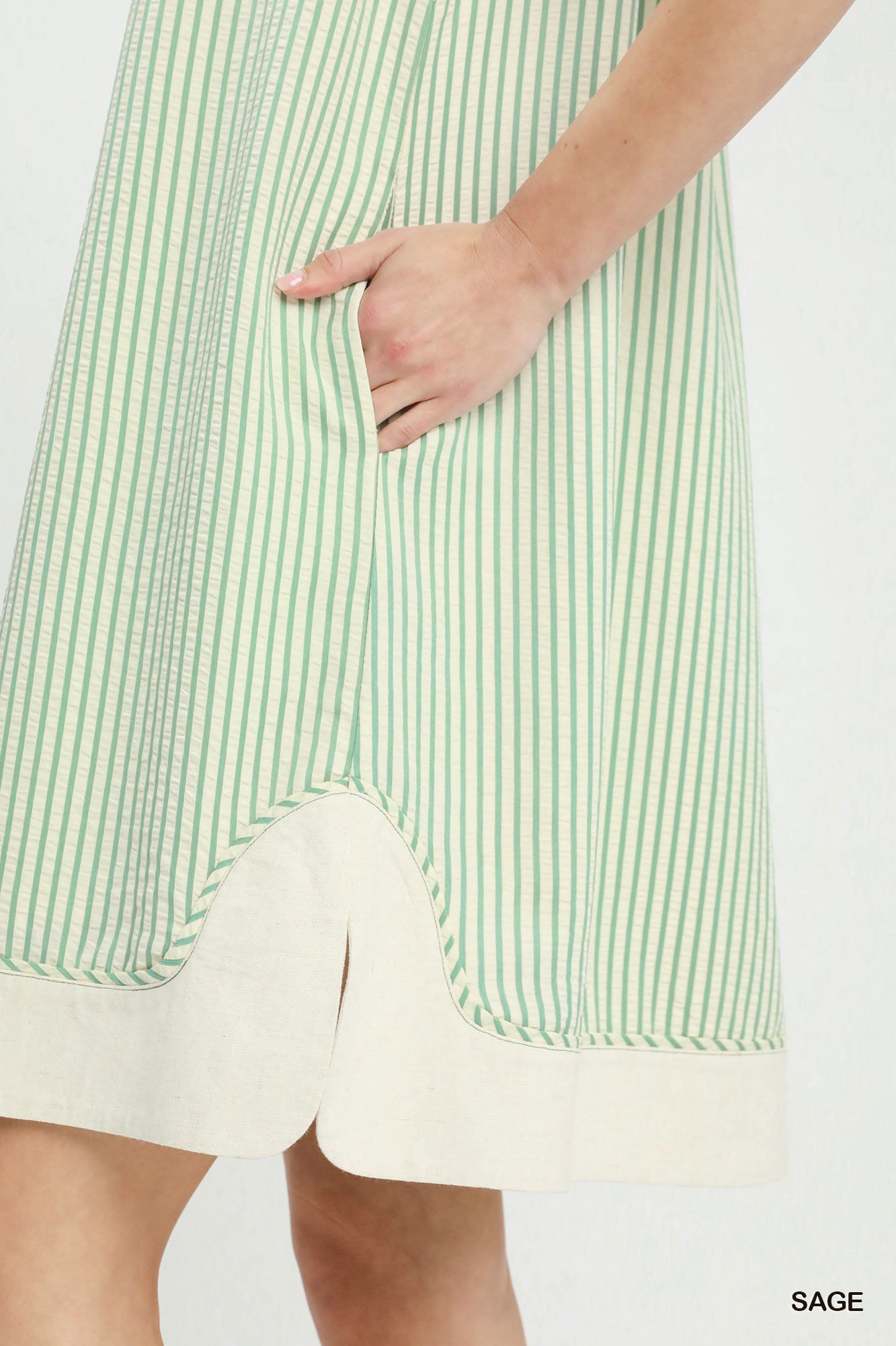 Sage Pinstripe Shift Dress with Contrast Trim