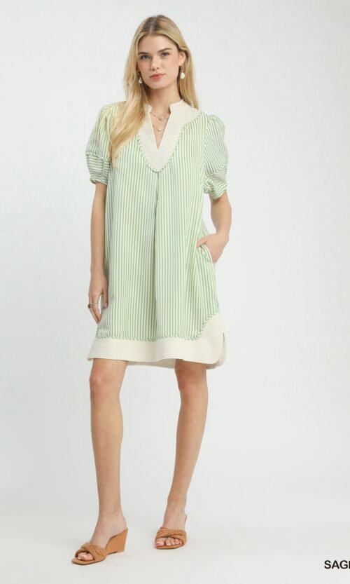 Sage Pinstripe Shift Dress with Contrast Trim