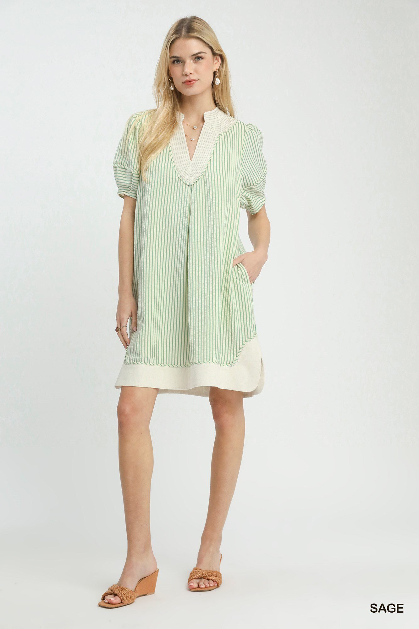 Sage Pinstripe Shift Dress with Contrast Trim