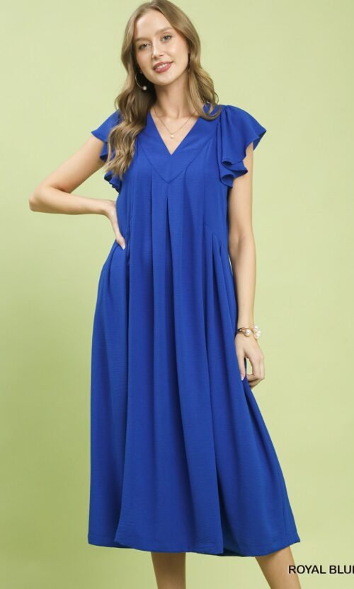 Royal Blue Ruffle Sleeve V-Neck Midi Dress
