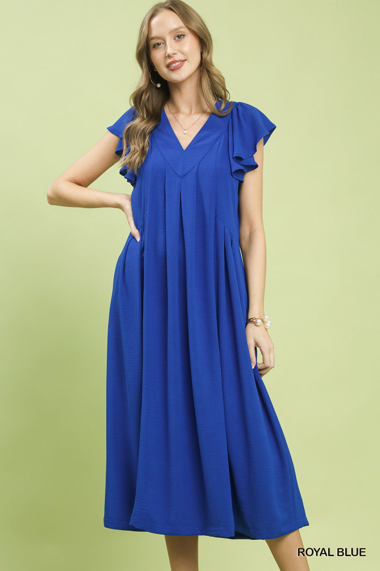 Royal Blue Ruffle Sleeve V-Neck Midi Dress
