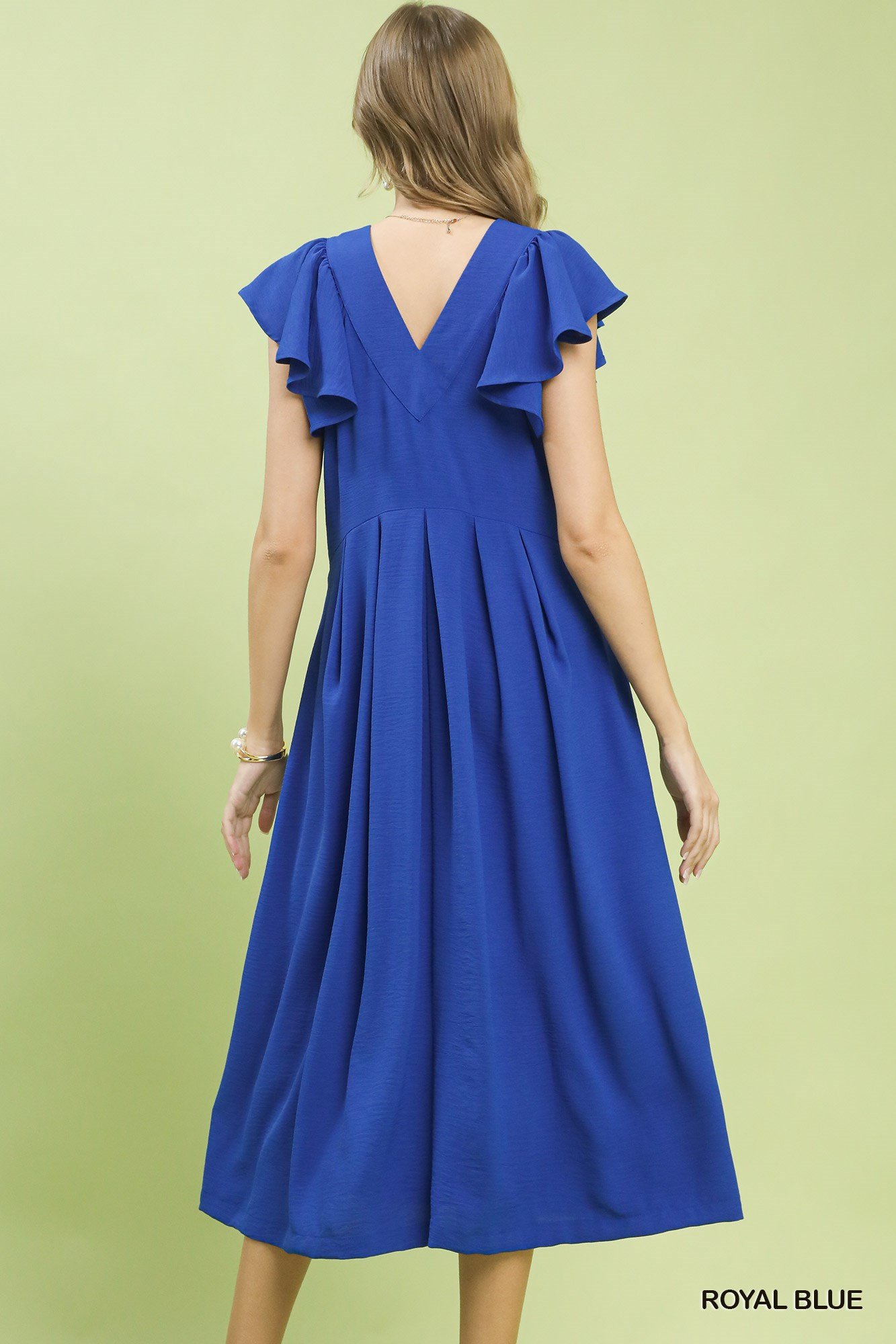 Royal Blue Ruffle Sleeve V-Neck Midi Dress