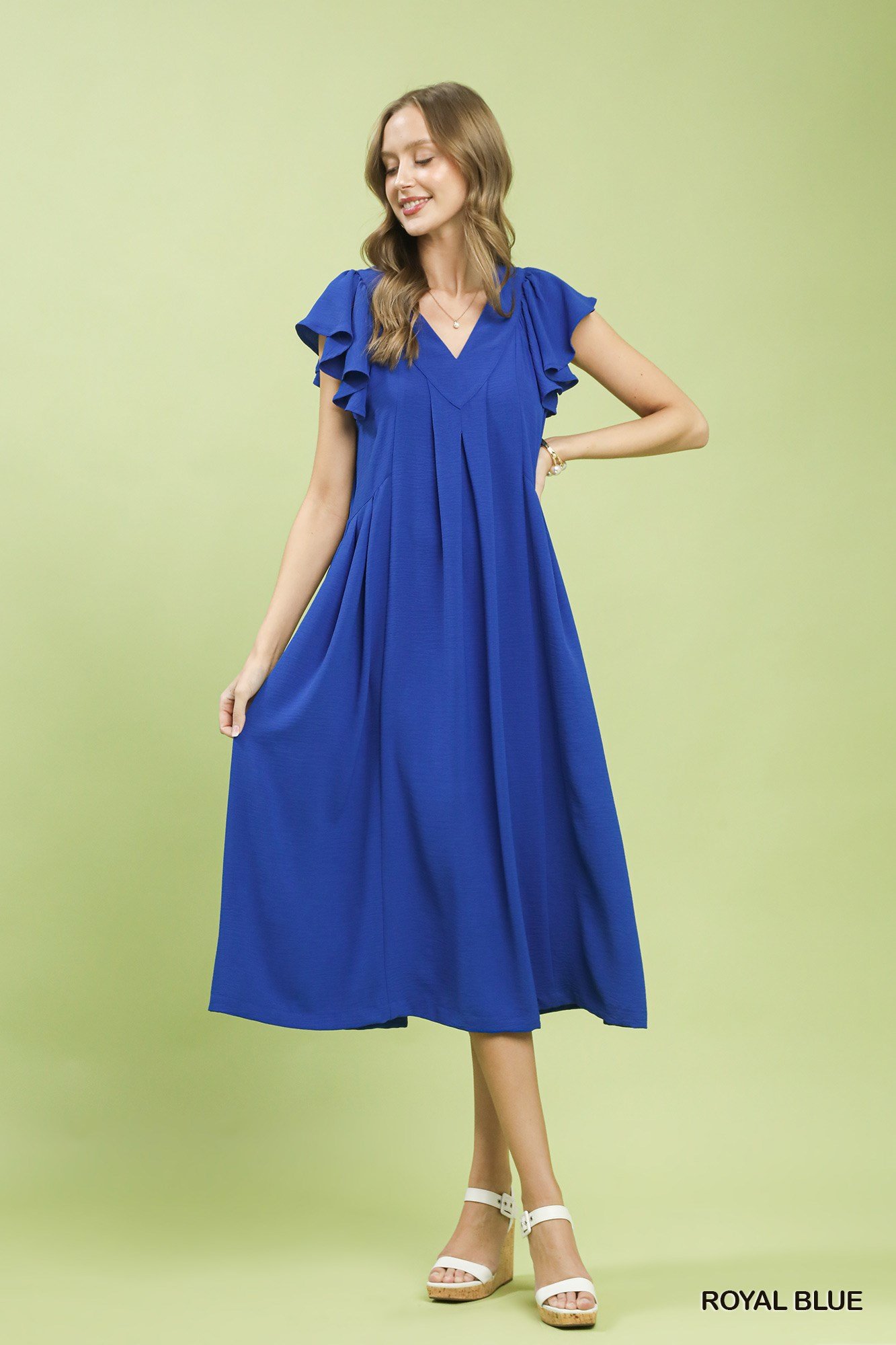 Royal Blue Ruffle Sleeve V-Neck Midi Dress