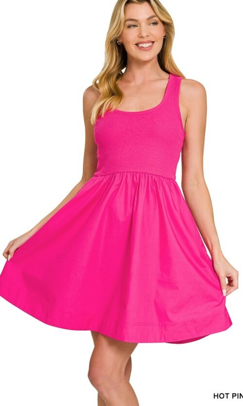 Combined Knit & Woven Midi Dress in Hot Pink